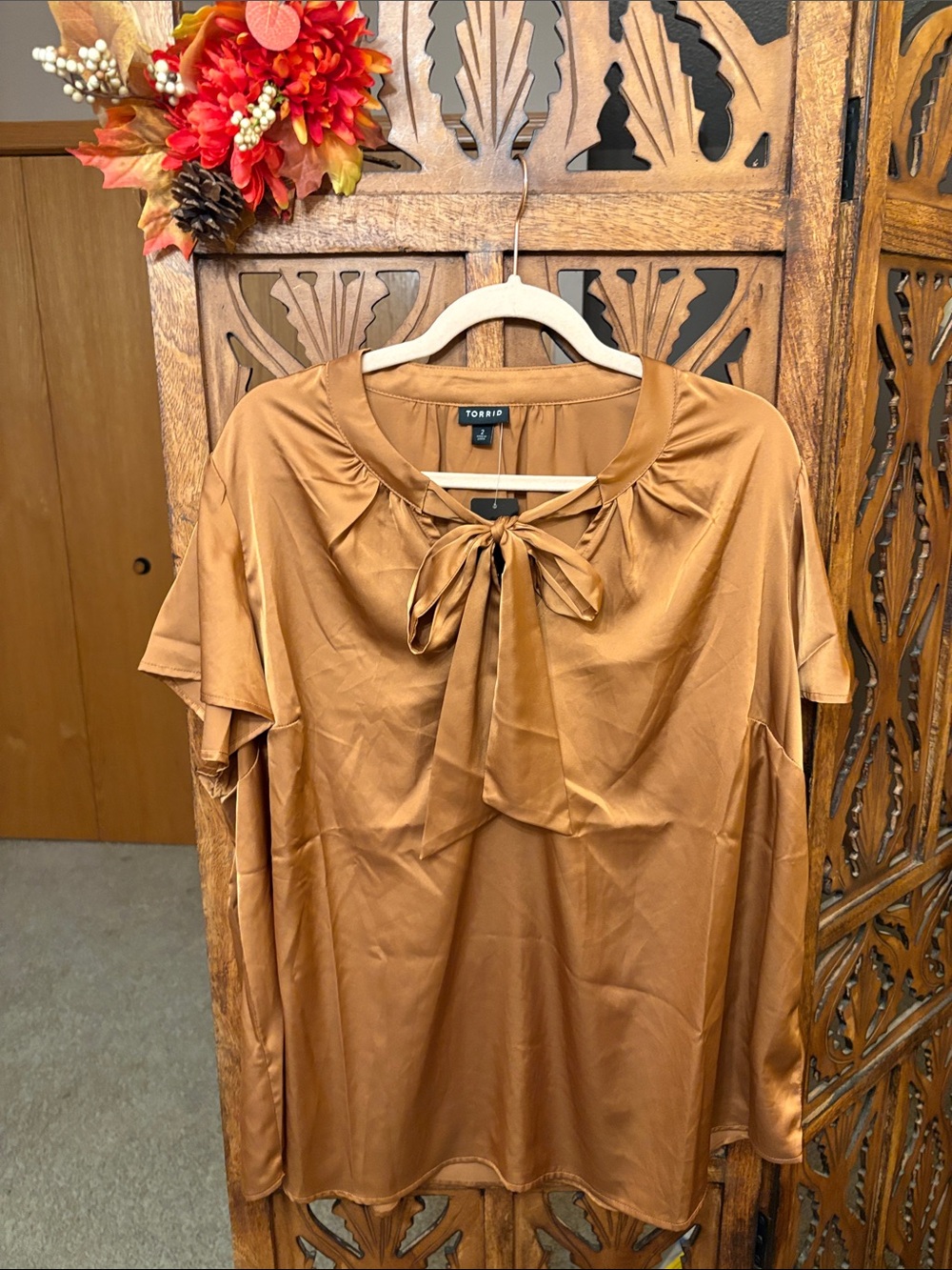 Copper-Toned Satin Tie-Neck Blouse Size 2X